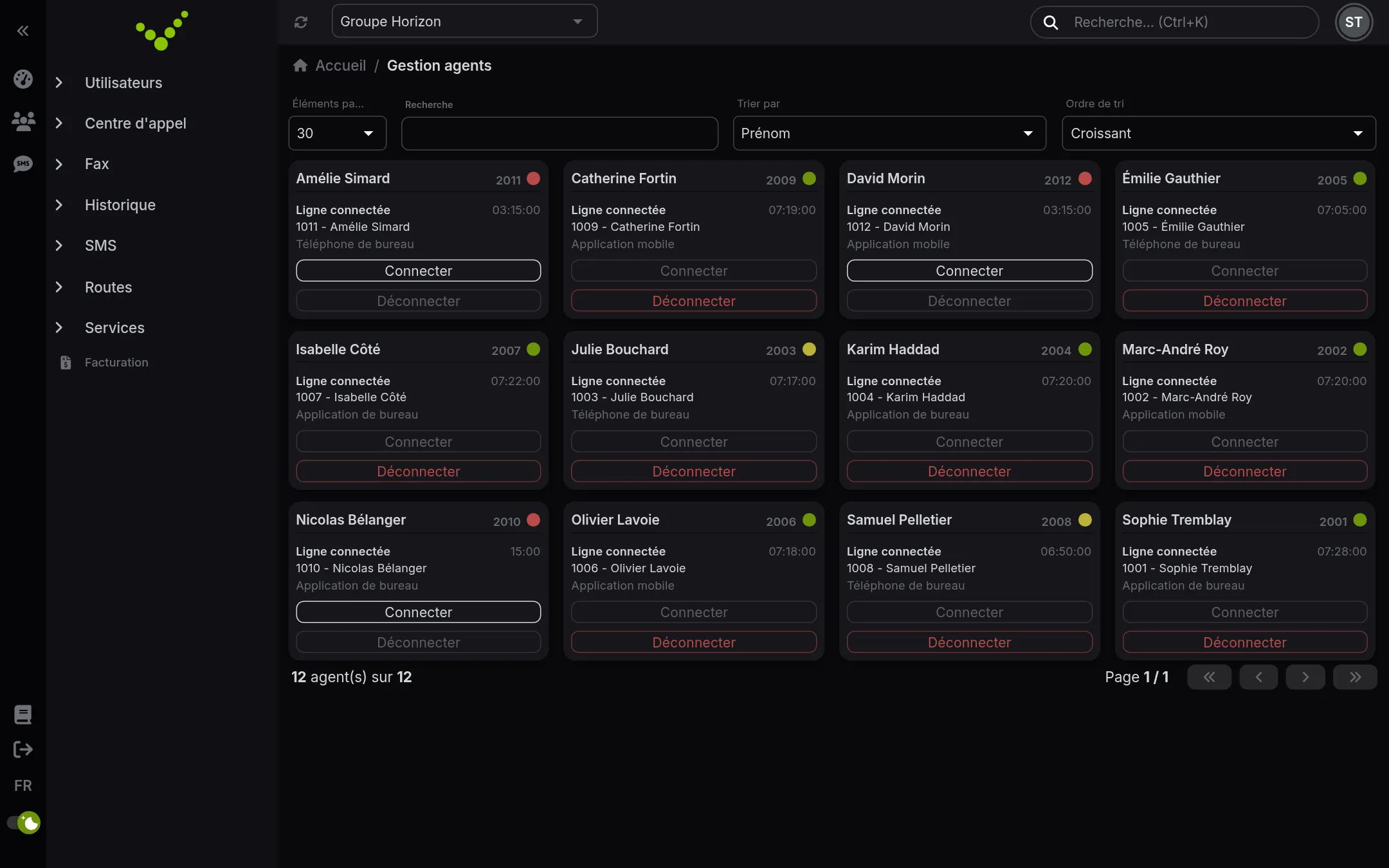 Gestion des agents en temps réel : état de connexion, pauses et type de ligne de chaque agent.