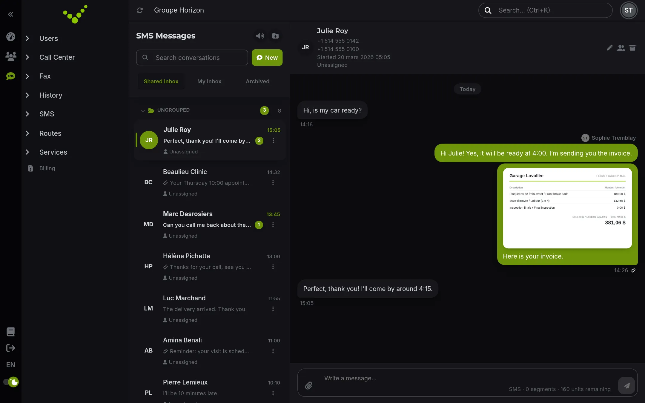 SMS and MMS conversations on your business number, with attachments and a shared inbox.
