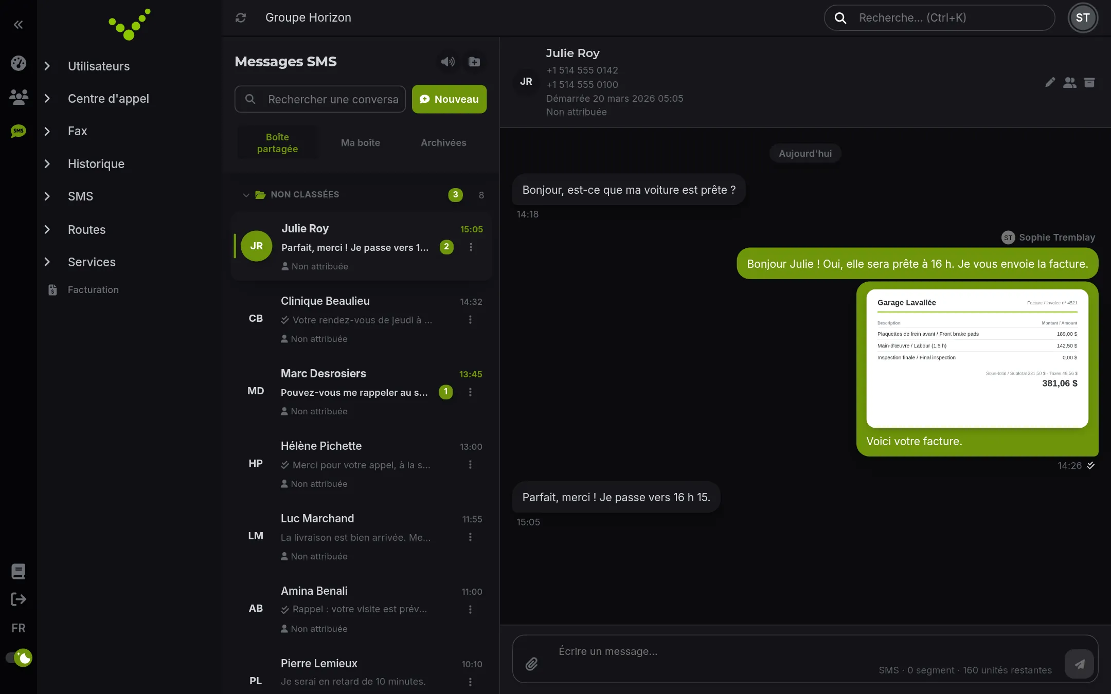 Conversations SMS et MMS sur votre numéro d’affaires, avec pièces jointes et boîte partagée.
