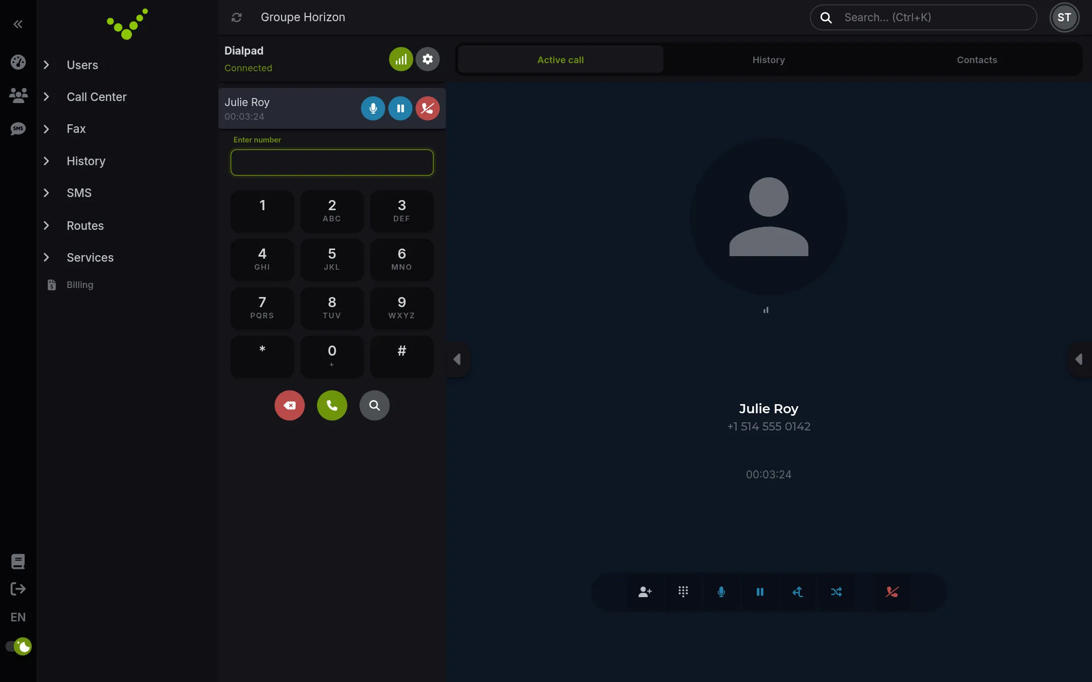 The softphone during a call: hold, mute, transfer and conference, from anywhere.